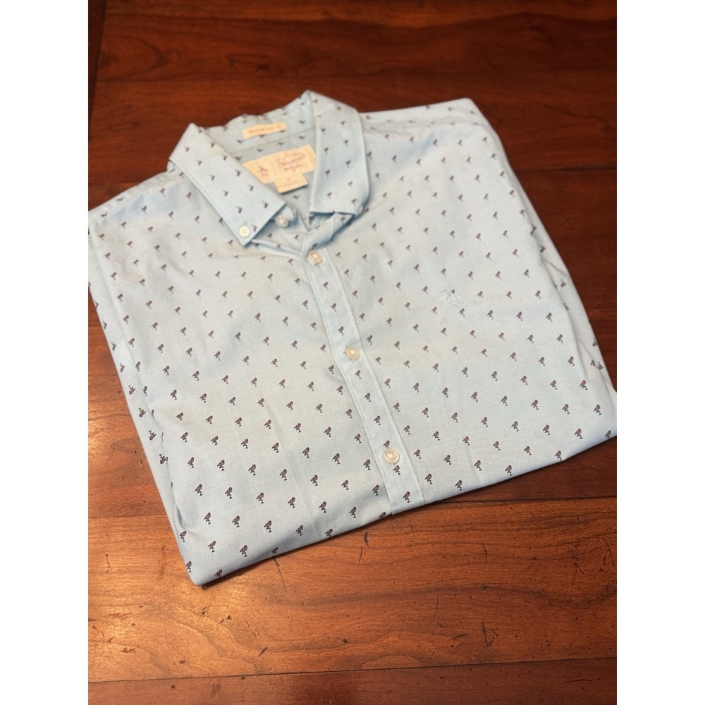 Penguin Men's Medium Flamingo Print Light Blue Short Sleeve Button Down Shirt